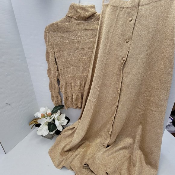 Vintage Jeri Jo New York Gold Metal thread Knit Top Long Maxi Skirt Hong Kong M - Picture 1 of 14